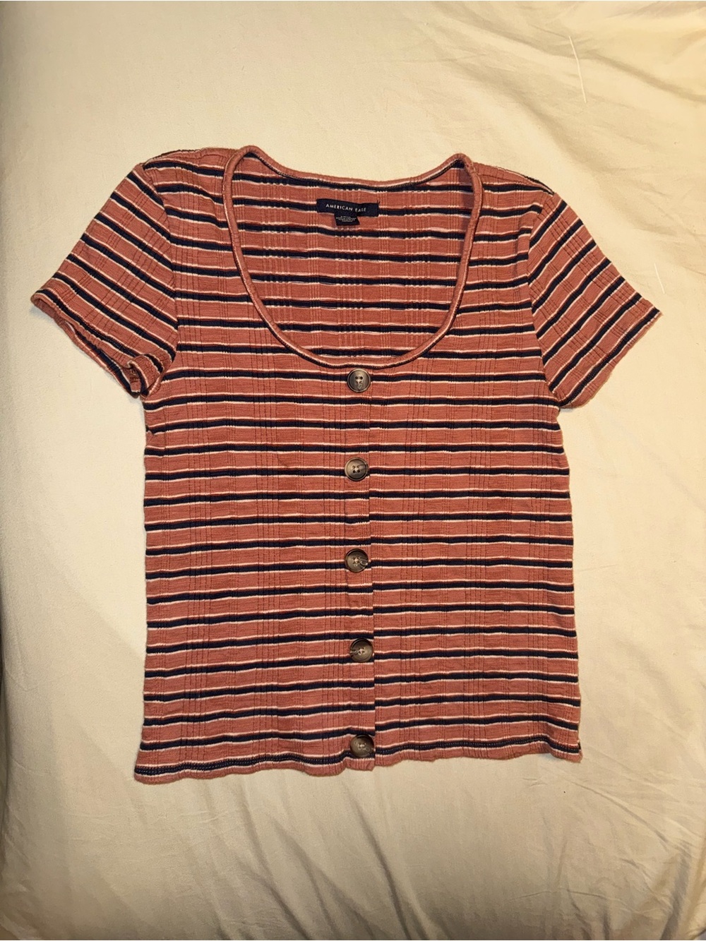 American Eagle Outfitters Rust, Black and White Striped Scoop Button-Front Tee